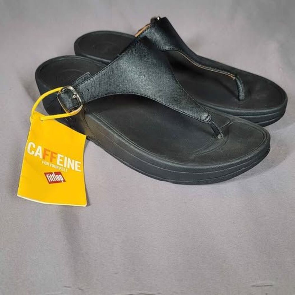 NWT FitFlop The Skinny Deluxe Black Leather Thong Sandals Women's US 9 EUR 41